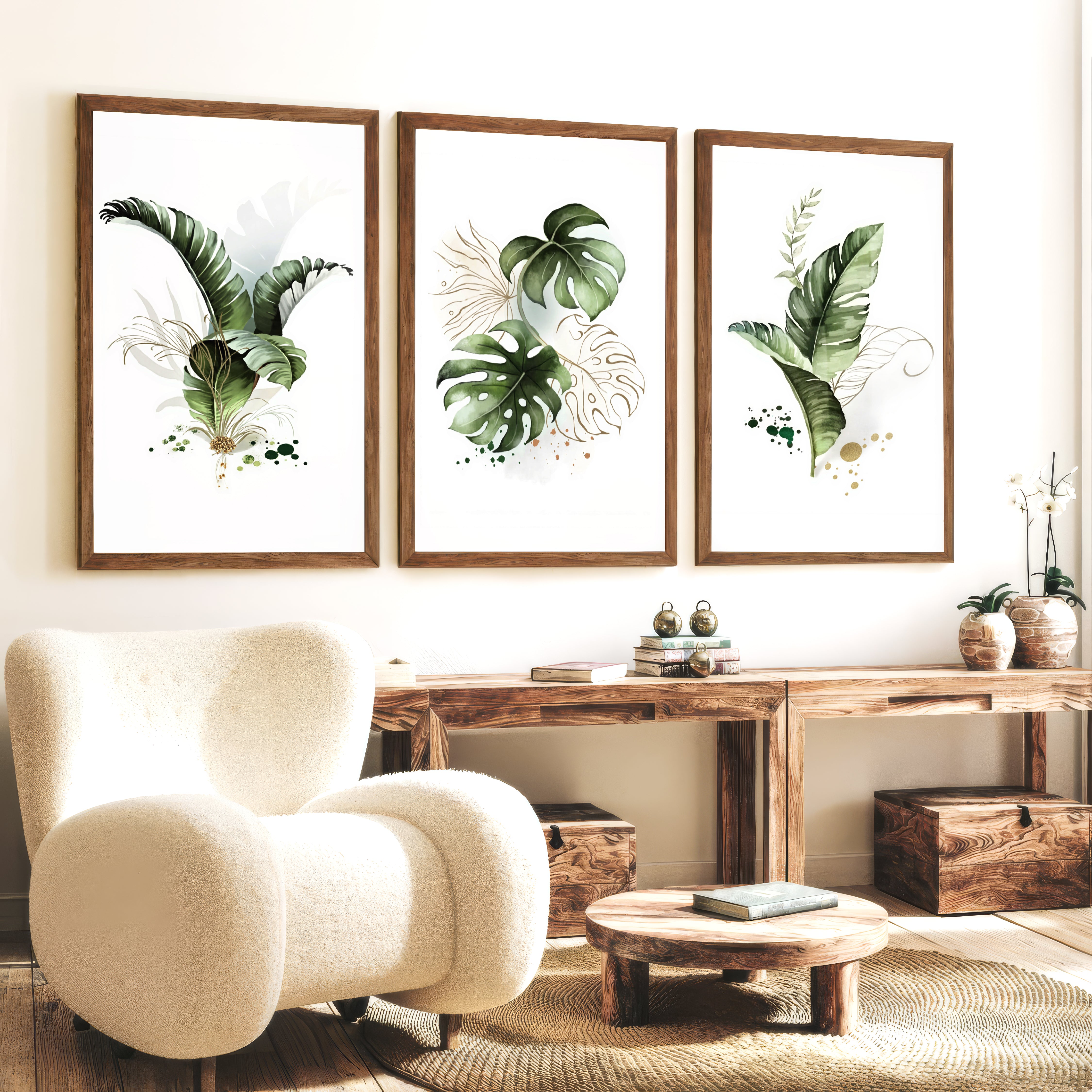 Framed Botanical Wall Art Green Monstera Leaf Set of 3 - Dark Brown Framed Poster No Border - Artworksets