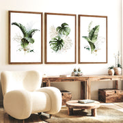 Framed Botanical Wall Art Green Monstera Leaf Set of 3 - Dark Brown Framed Poster No Border - Artworksets