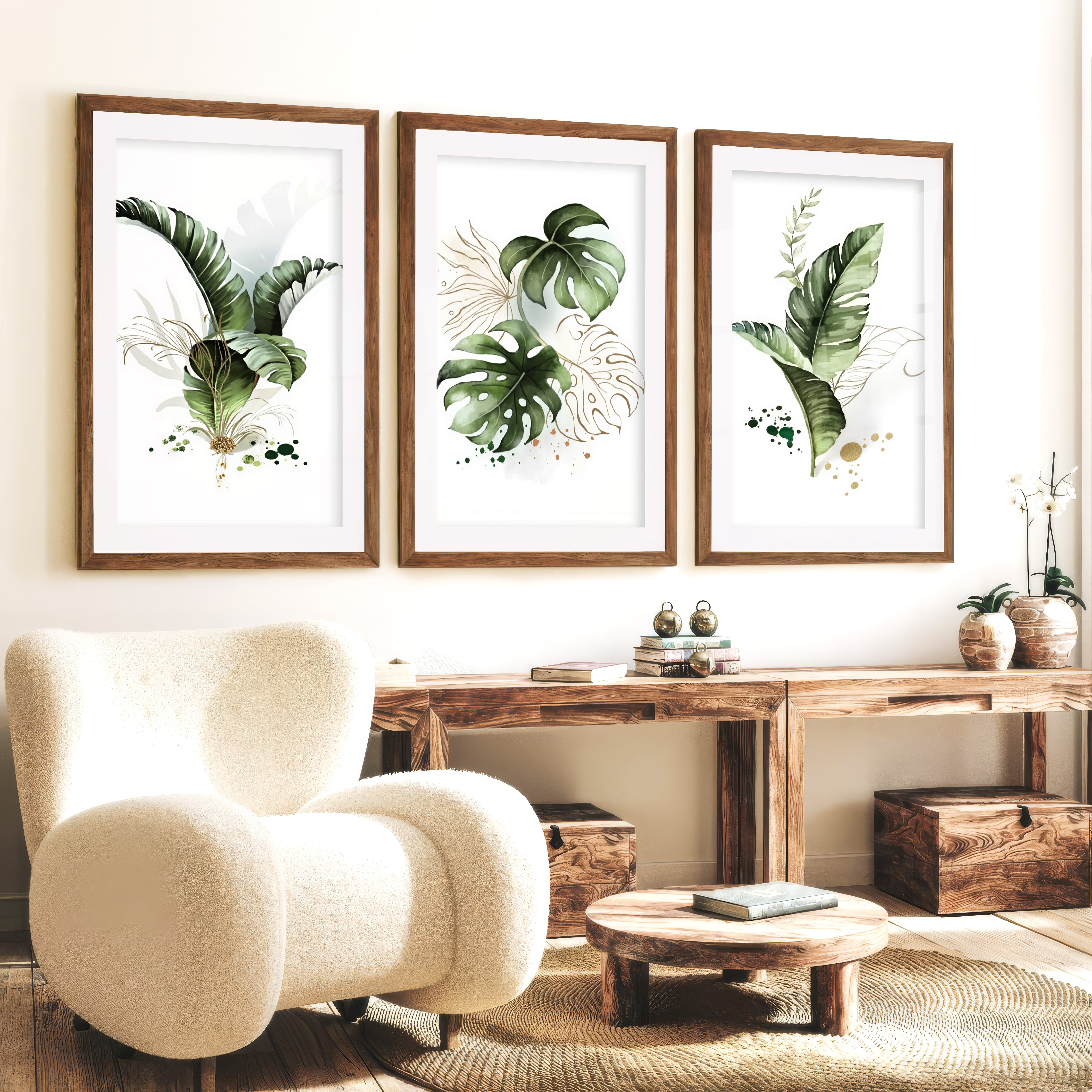 Framed Botanical Wall Art Green Monstera Leaf Set of 3 - Dark Brown Framed Poster with White Border - Artworksets