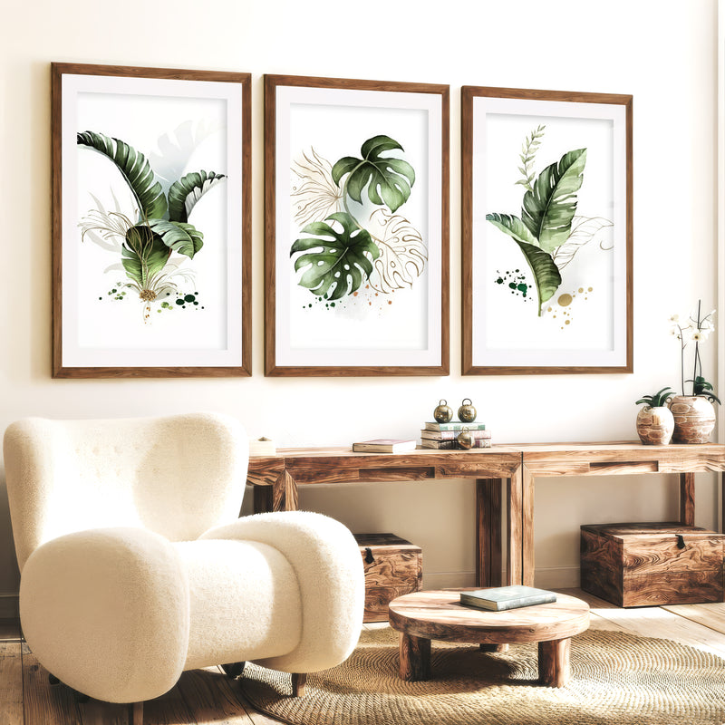 Framed Botanical Wall Art Green Monstera Leaf Set of 3 - Dark Brown Framed Poster with White Border - Artworksets