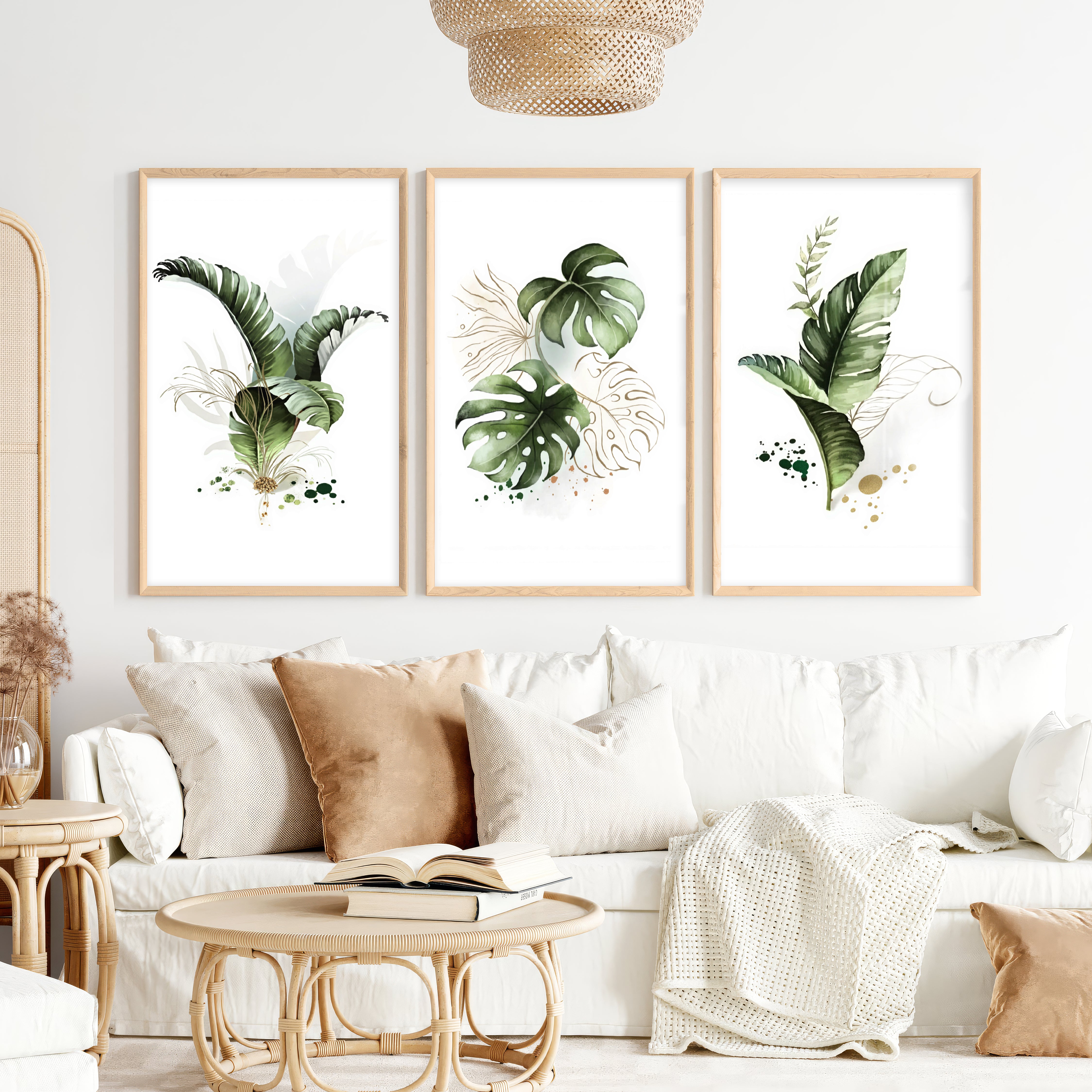 Framed Botanical Wall Art Green Monstera Leaf Set of 3 - Natural Wood Framed Poster No Border - Artworksets