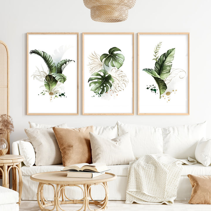 Framed Botanical Wall Art Green Monstera Leaf Set of 3 - Natural Wood Framed Poster No Border - Artworksets