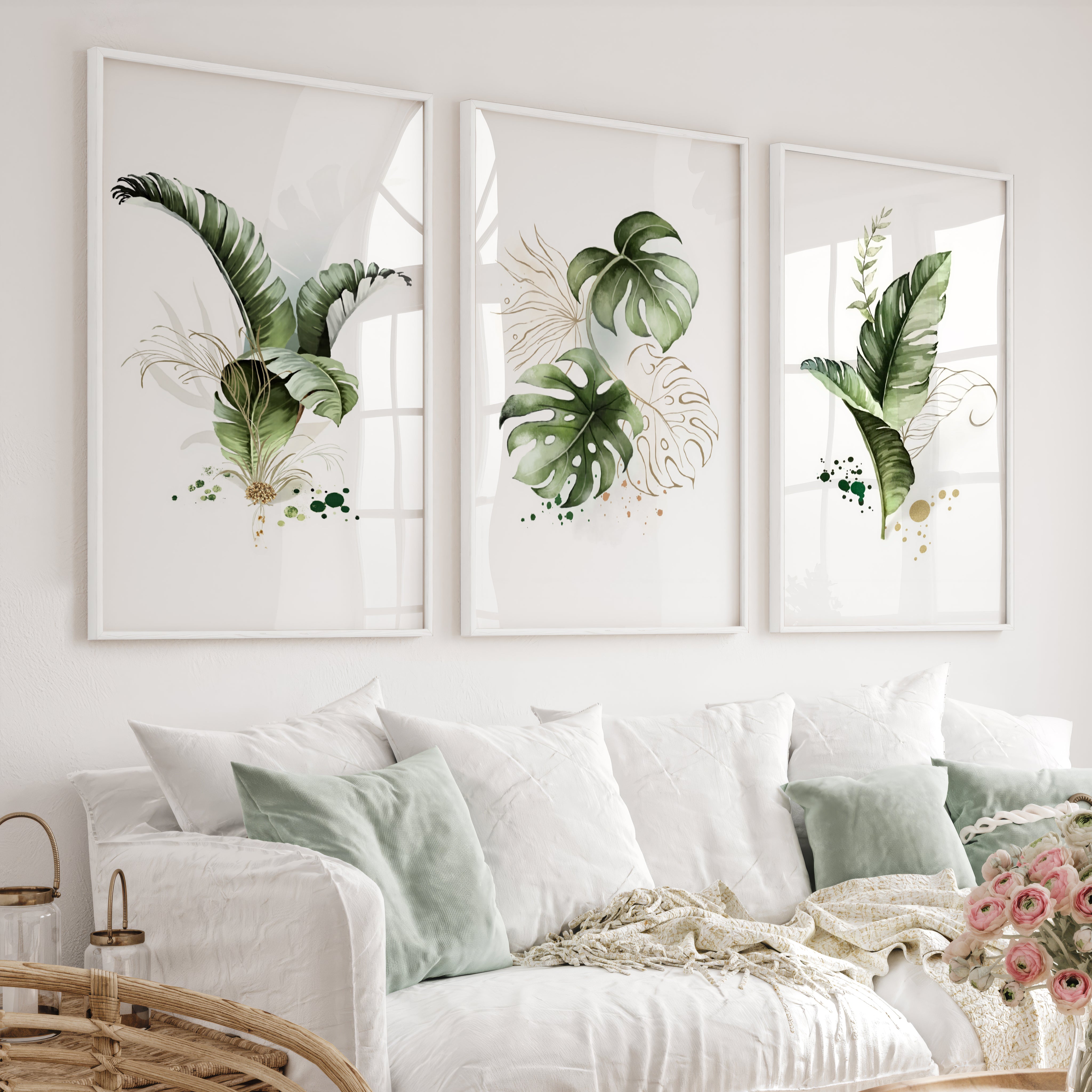Framed Botanical Wall Art Green Monstera Leaf Set of 3 - White Framed Poster No Border - Artworksets
