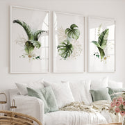 Framed Botanical Wall Art Green Monstera Leaf Set of 3 - White Framed Poster No Border - Artworksets