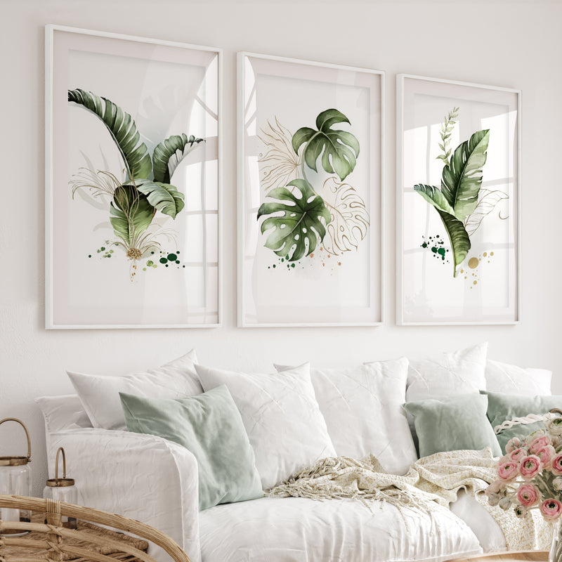 Framed Botanical Wall Art Green Monstera Leaf Set of 3 - White Framed Poster with White Border - Artworksets