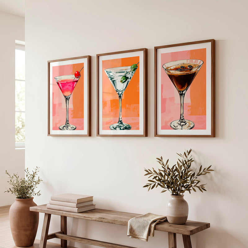 Cocktail Glasses framed retro art - Dark Brown Framed Poster with White Border - Artworksets