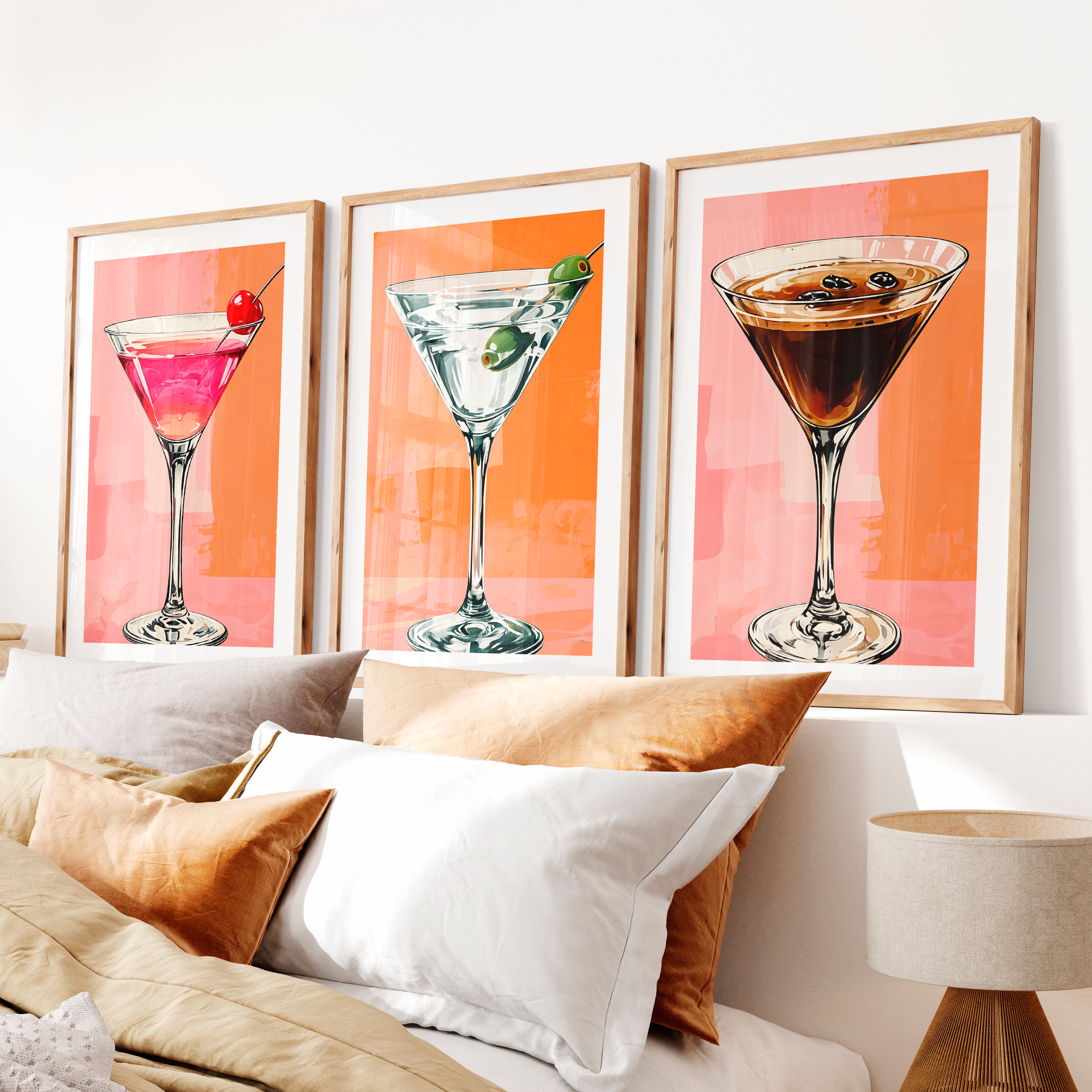 Cocktail Glasses framed retro art- Natural Wood Framed Poster with White Border - Artworksets