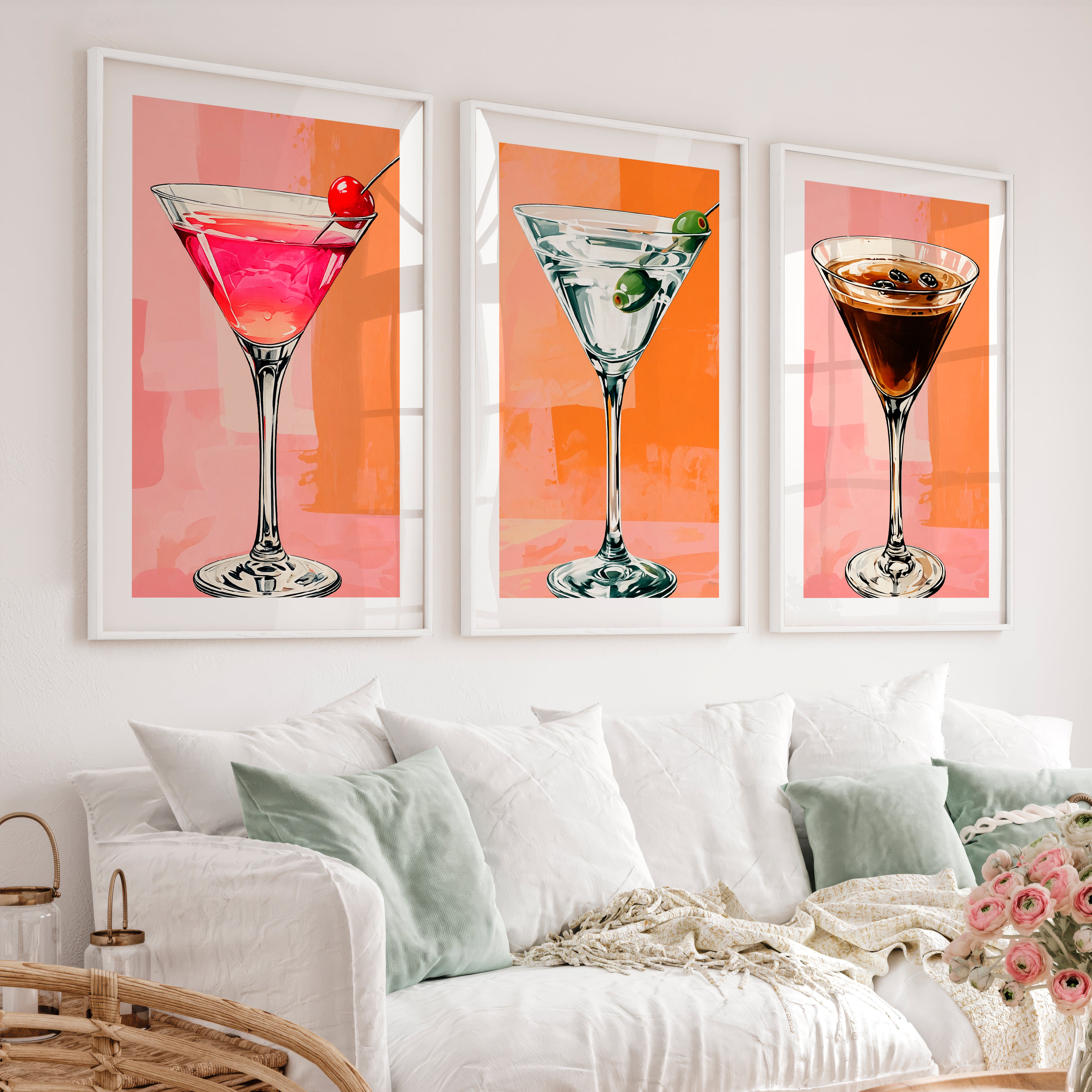 Cocktail Glasses framed retro art - White Framed Poster with White Border - Artworksets
