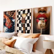 Framed Retro Art Featuring Glamorous Hand and Red Lips - Natural Wood Framed Poster No Border - Artworksets