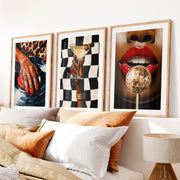 Framed Retro Art Featuring Glamorous Hand and Red Lips- Natural Wood Framed Poster with White Border - Artworksets