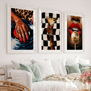 Framed Retro Art Featuring Glamorous Hand and Red Lips - White Framed Poster with White Border - Artworksets