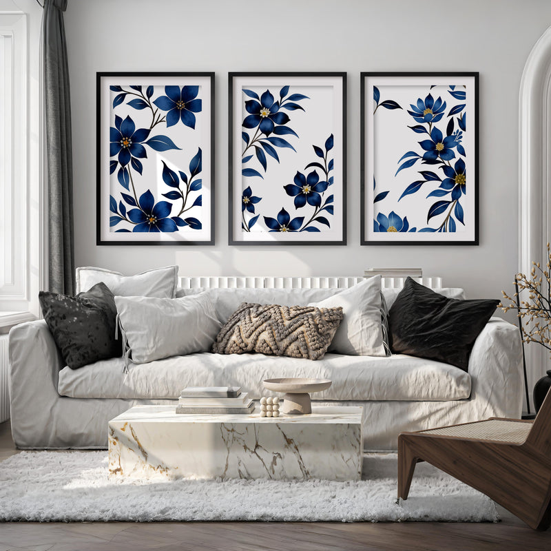 Framed Vintage Floral Prints – Blue Botanical Set of 3

 - Black Framed Poster with White Border - Artworksets