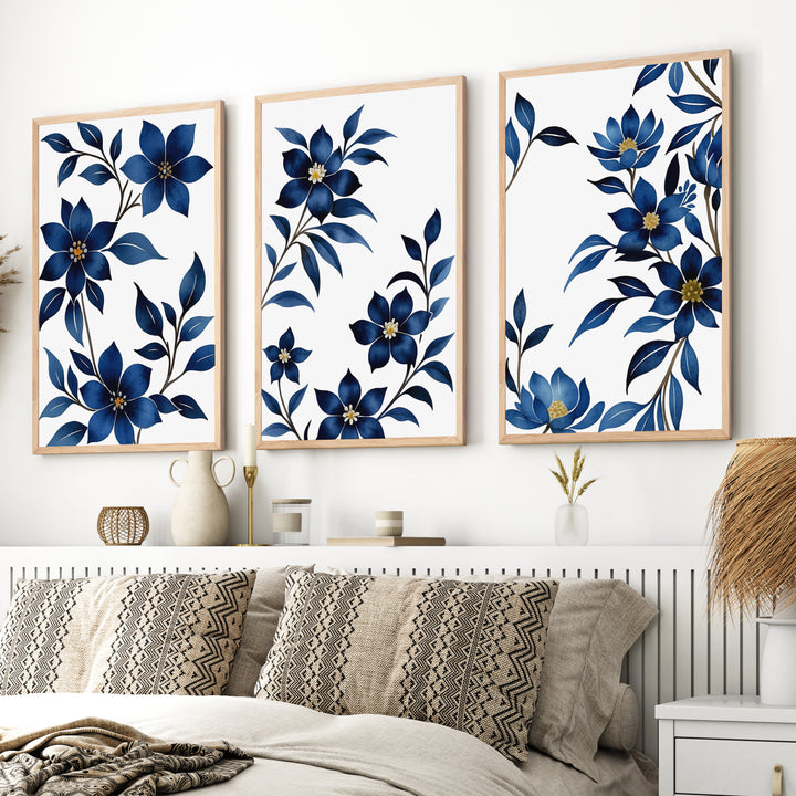 Framed Vintage Floral Prints – Blue Botanical Set of 3

 - Natural Wood Framed Poster No Border - Artworksets