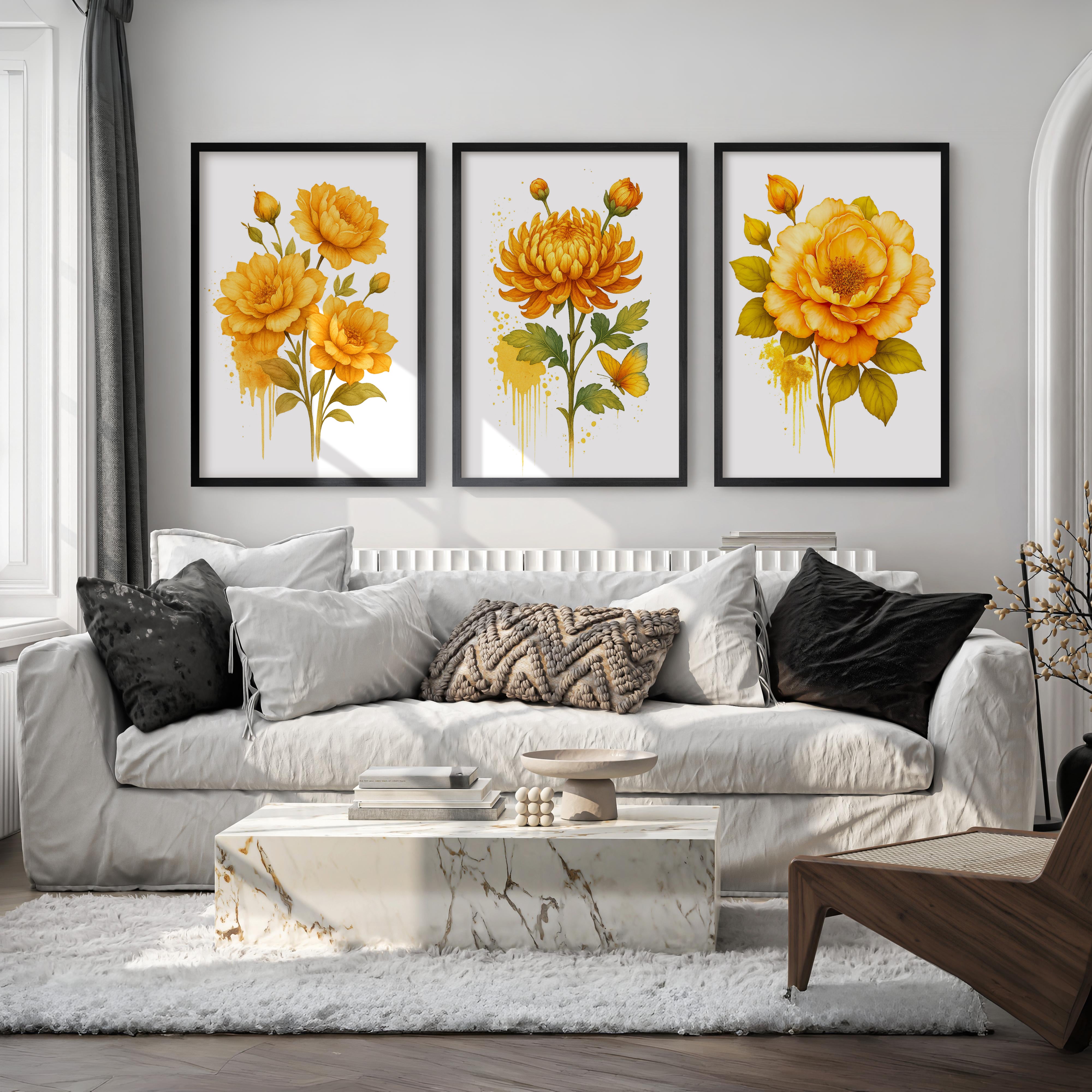 Framed Wall Art Botanical – Yellow Roses and Chrysanthemum Set of 3
 - Black Framed Poster No Border - Artworksets