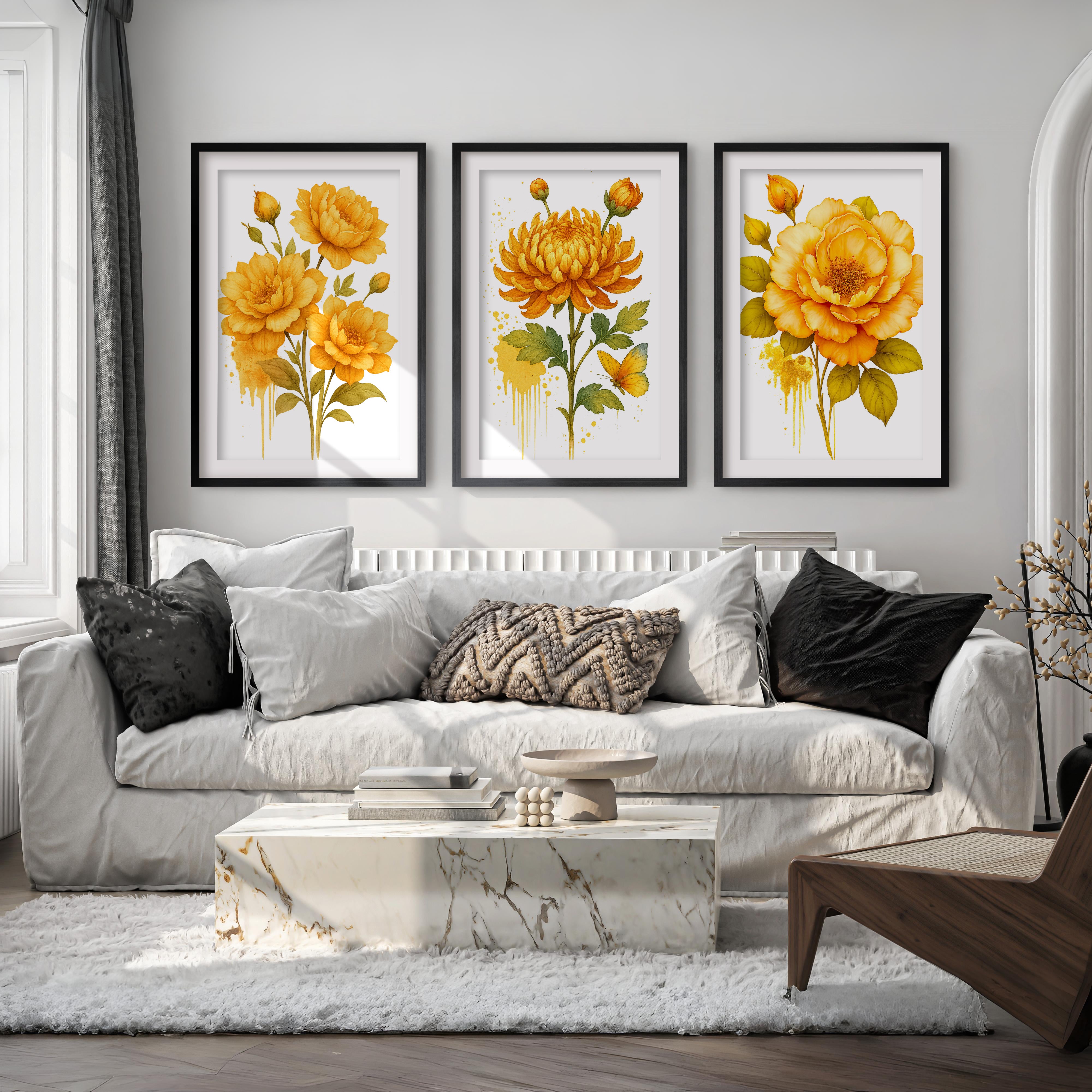 Framed Wall Art Botanical – Yellow Roses and Chrysanthemum Set of 3
 - Black Framed Poster with White Border - Artworksets