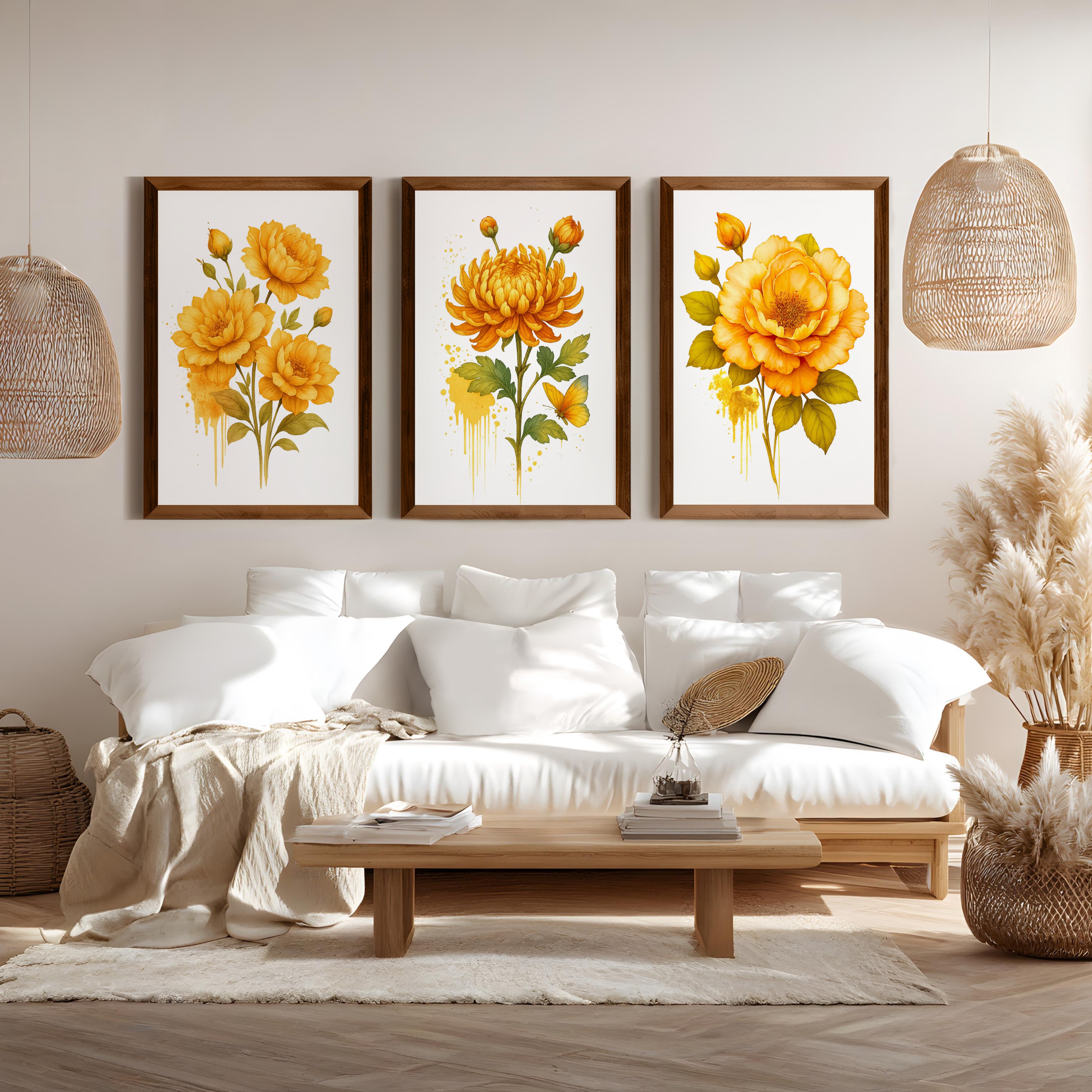 Framed Wall Art Botanical – Yellow Roses and Chrysanthemum Set of 3
 - Dark Brown Framed Poster No Border - Artworksets