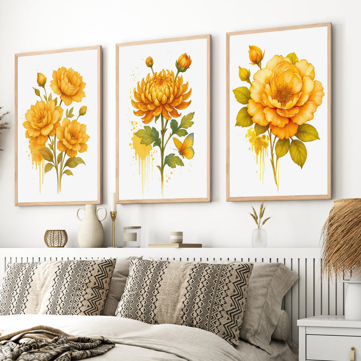 Framed Wall Art Botanical – Yellow Roses and Chrysanthemum Set of 3
 - Natural Wood Framed Poster No Border - Artworksets