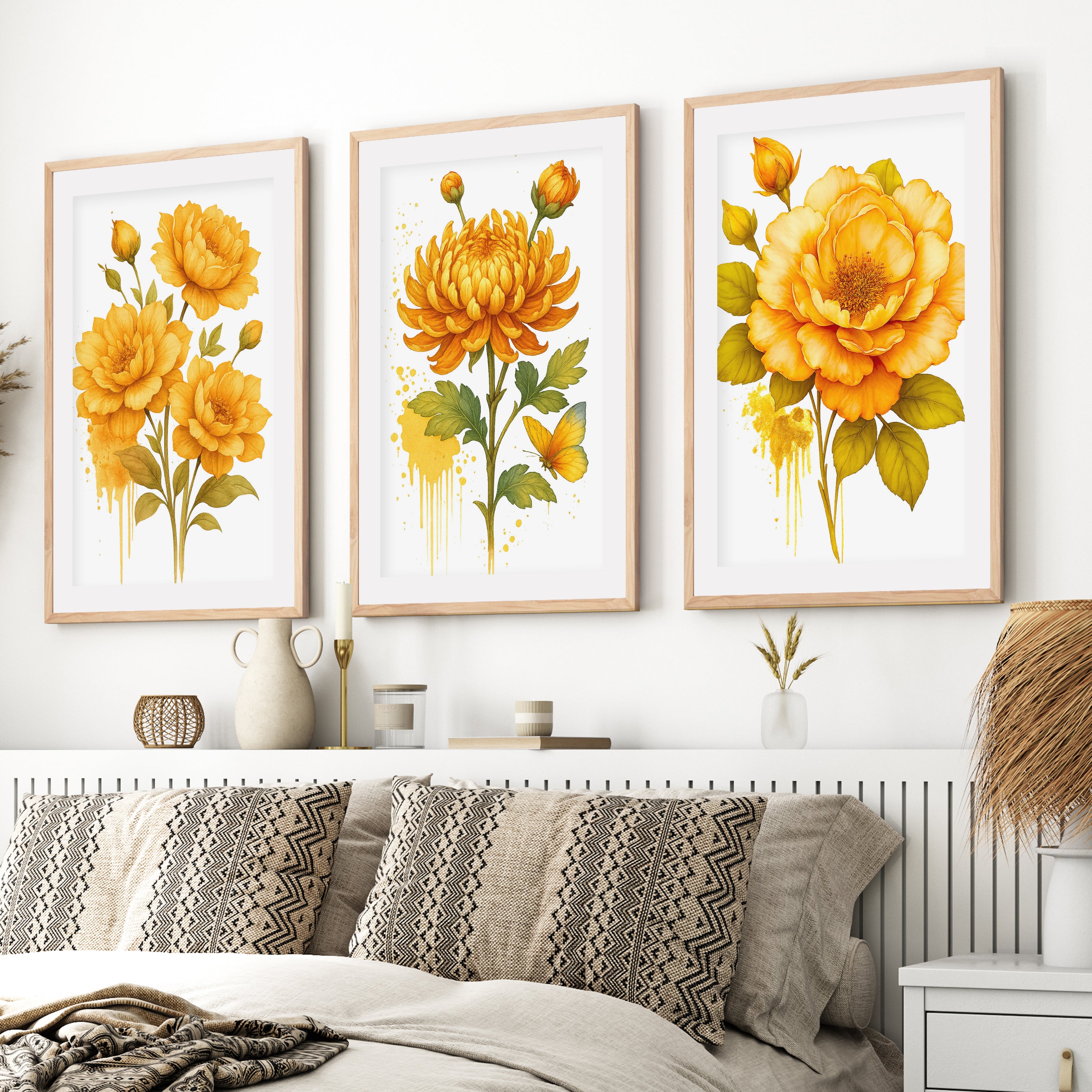 Framed Wall Art Botanical – Yellow Roses and Chrysanthemum Set of 3
- Natural Wood Framed Poster with White Border - Artworksets
