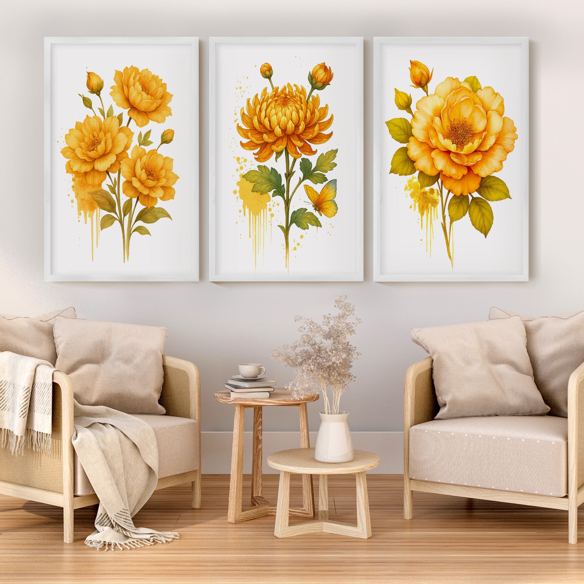 Framed Wall Art Botanical – Yellow Roses and Chrysanthemum Set of 3
 - White Framed Poster No Border - Artworksets