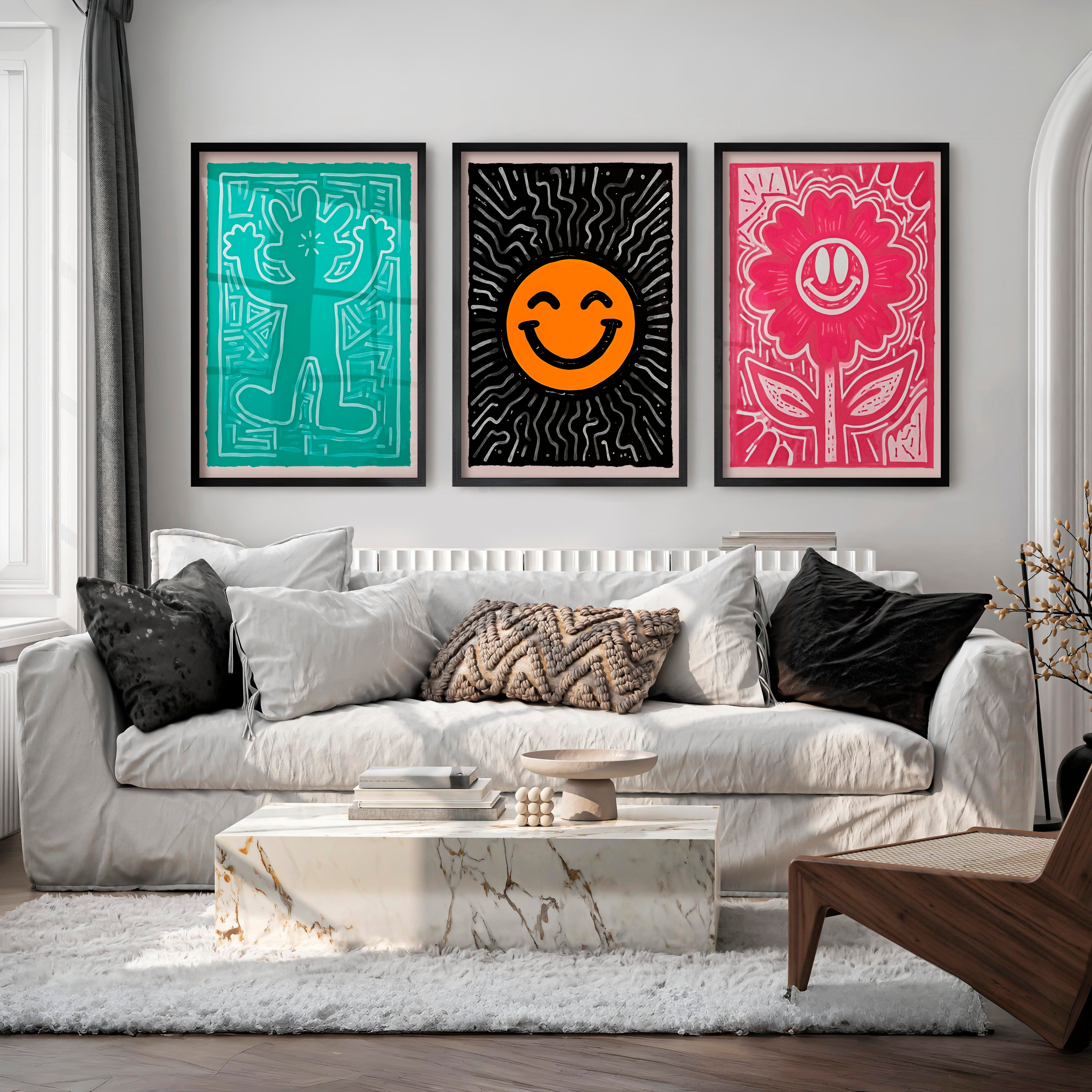 Funky Wall Art Groovy Poster Trendy Decor Set of 3 - Black Framed Poster No Border - Artworksets