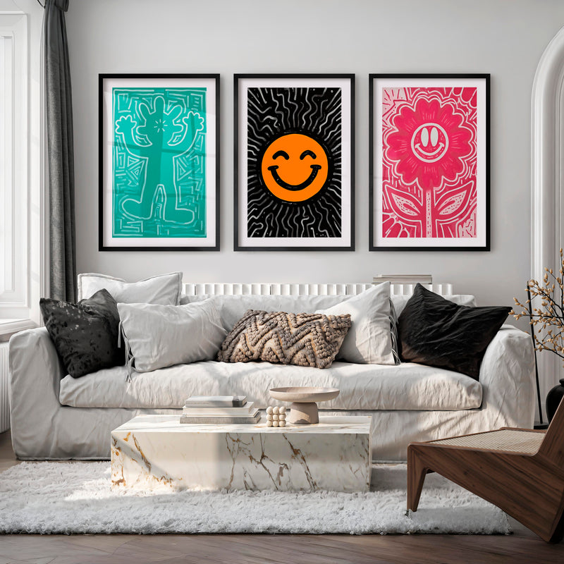 Funky Wall Art Groovy Poster Trendy Decor Set of 3 - Black Framed Poster with White Border - Artworksets