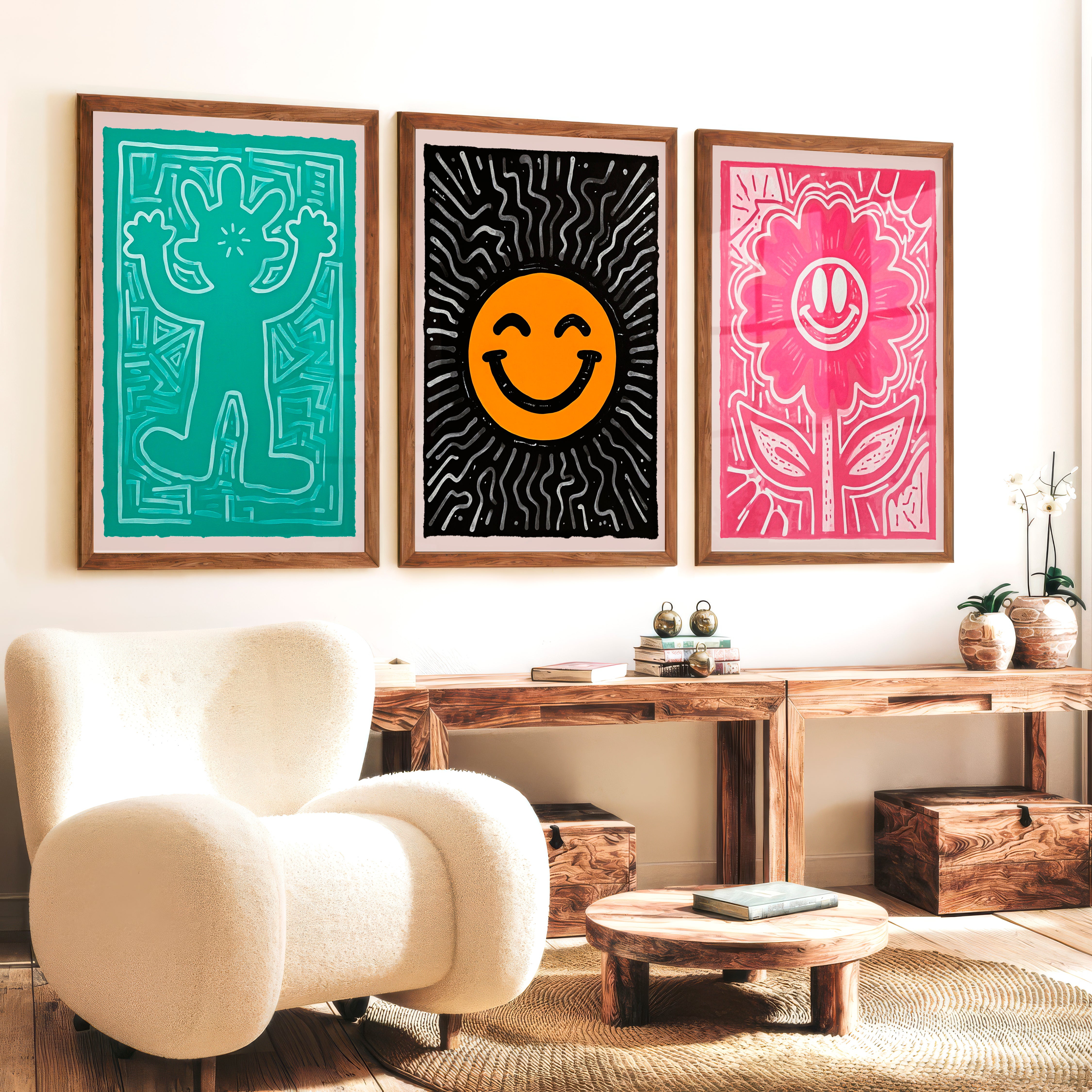 Funky Wall Art Groovy Poster Trendy Decor Set of 3 - Dark Brown Framed Poster No Border - Artworksets