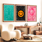 Funky Wall Art Groovy Poster Trendy Decor Set of 3 - Dark Brown Framed Poster No Border - Artworksets