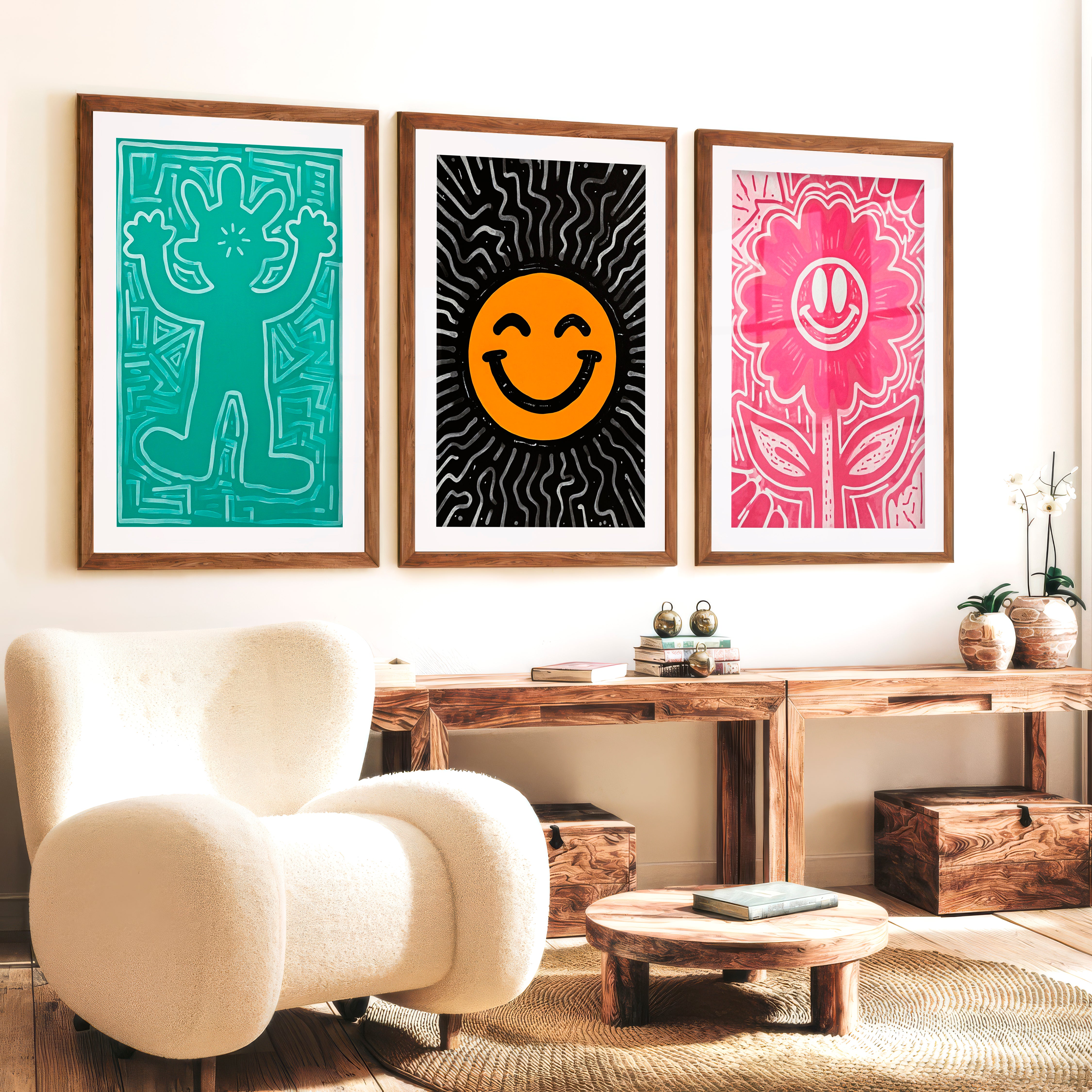 Funky Wall Art Groovy Poster Trendy Decor Set of 3 - Dark Brown Framed Poster with White Border - Artworksets