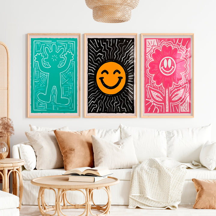 Funky Wall Art Groovy Poster Trendy Decor Set of 3 - Natural Wood Framed Poster No Border - Artworksets