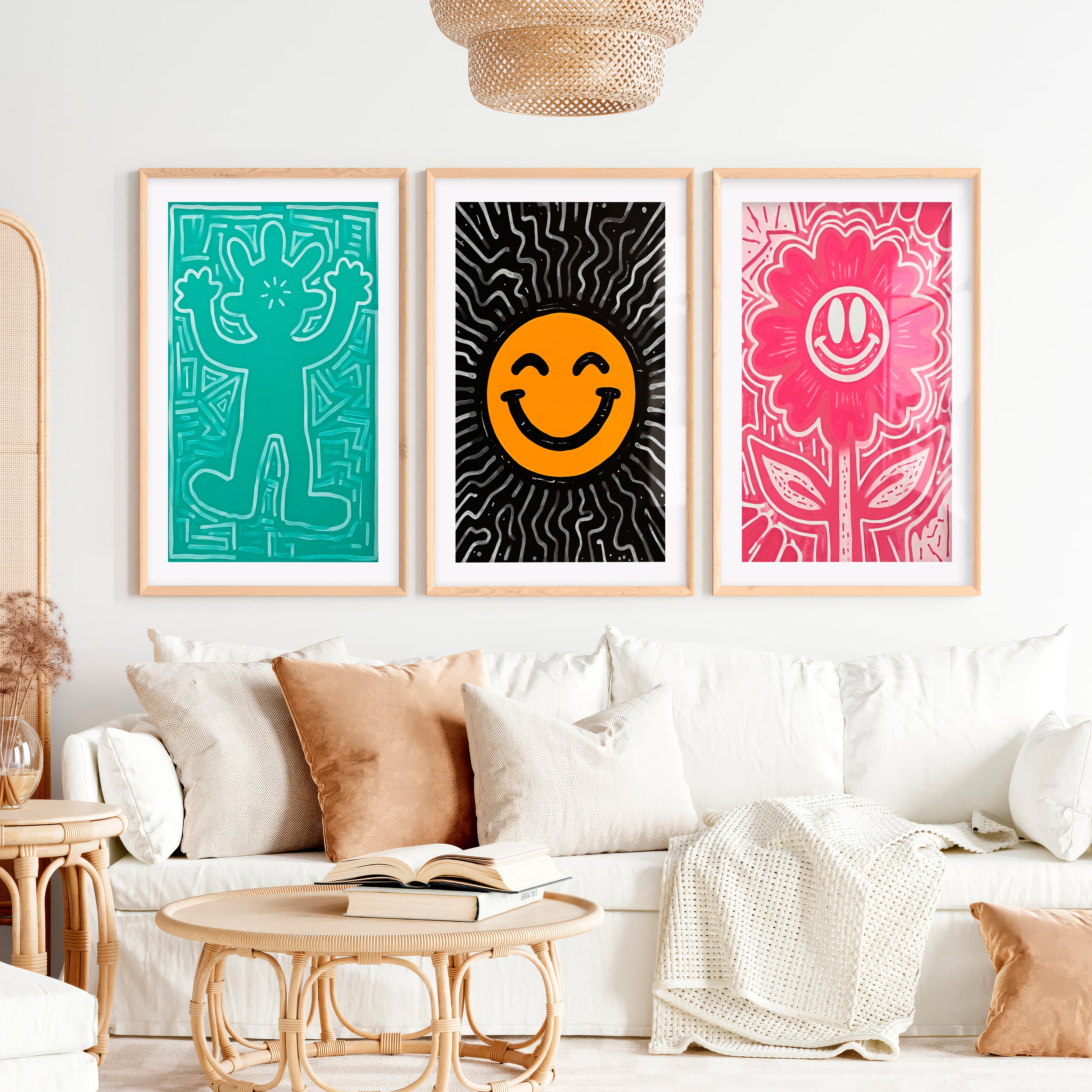 Funky Wall Art Groovy Poster Trendy Decor Set of 3- Natural Wood Framed Poster with White Border - Artworksets