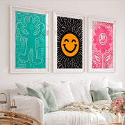 Funky Wall Art Groovy Poster Trendy Decor Set of 3 - White Framed Poster with White Border - Artworksets