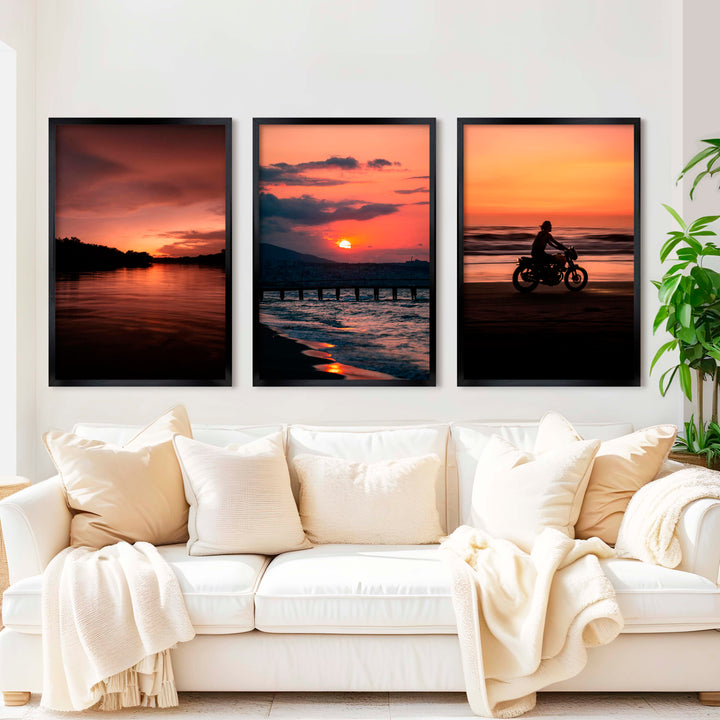 Gallery Wall Frame Set – Pink Sunset, Beach Rider & Pier (Set of 3) - Black Framed Poster No Border - Artworksets
