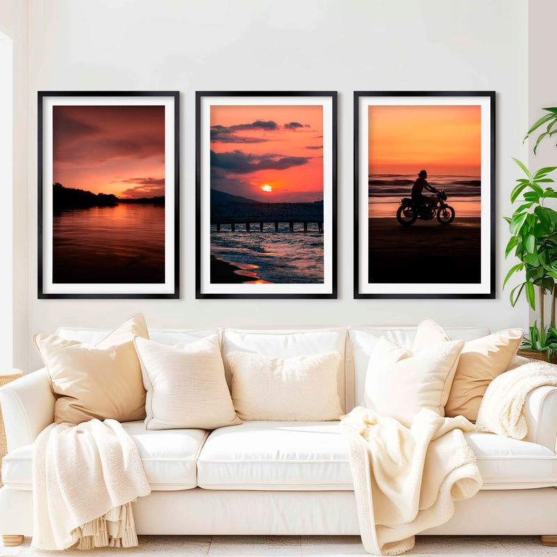 Gallery Wall Frame Set – Pink Sunset, Beach Rider & Pier (Set of 3) - Black Framed Poster with White Border - Artworksets