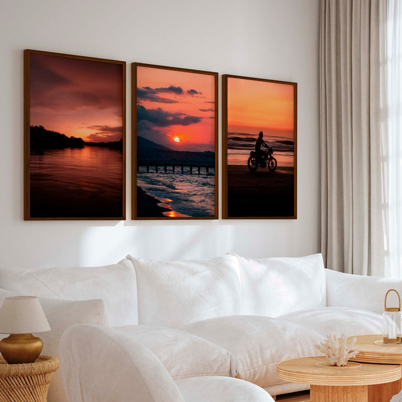 Gallery Wall Frame Set – Pink Sunset, Beach Rider & Pier (Set of 3) - Dark Brown Framed Poster No Border - Artworksets