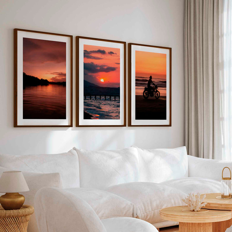 Gallery Wall Frame Set – Pink Sunset, Beach Rider & Pier (Set of 3) - Dark Brown Framed Poster with White Border - Artworksets
