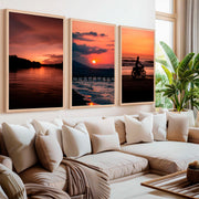 Gallery Wall Frame Set – Pink Sunset, Beach Rider & Pier (Set of 3) - Natural Wood Framed Poster No Border - Artworksets