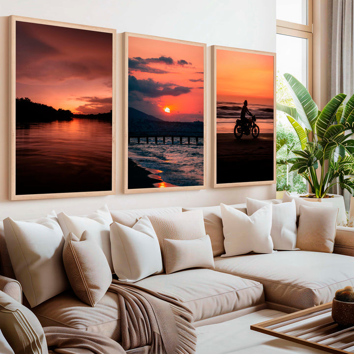 Gallery Wall Frame Set – Pink Sunset, Beach Rider & Pier (Set of 3) - Natural Wood Framed Poster No Border - Artworksets