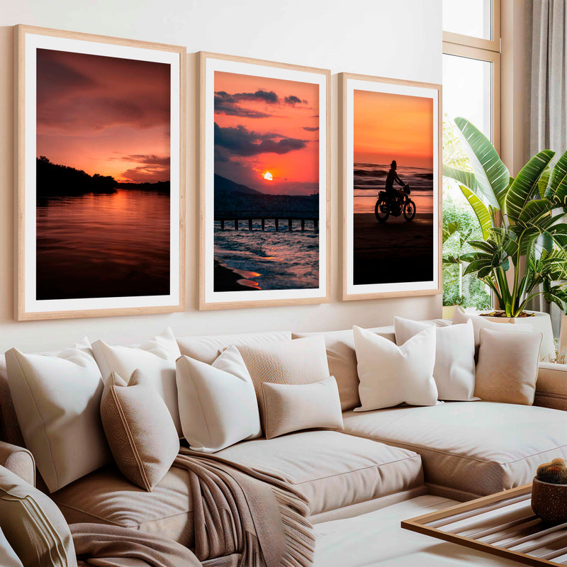Gallery Wall Frame Set – Pink Sunset, Beach Rider & Pier (Set of 3)- Natural Wood Framed Poster with White Border - Artworksets