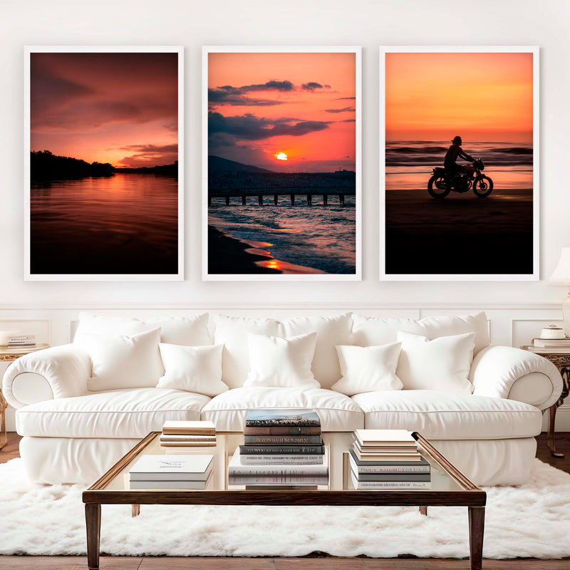 Gallery Wall Frame Set – Pink Sunset, Beach Rider & Pier (Set of 3) - White Framed Poster No Border - Artworksets