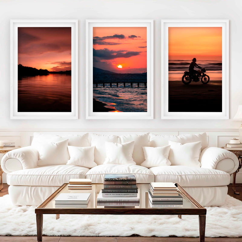 Gallery Wall Frame Set – Pink Sunset, Beach Rider & Pier (Set of 3) - White Framed Poster with White Border - Artworksets