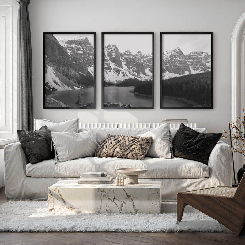 Glacier National Park – US Black White Mountain Lake Prints - Black Framed Poster No Border - Artworksets