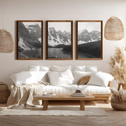 Glacier National Park – US Black White Mountain Lake Prints - Dark Brown Framed Poster No Border - Artworksets