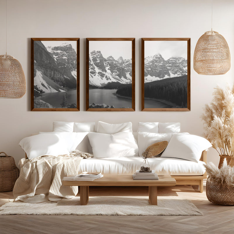Glacier National Park – US Black White Mountain Lake Prints - Dark Brown Framed Poster No Border - Artworksets