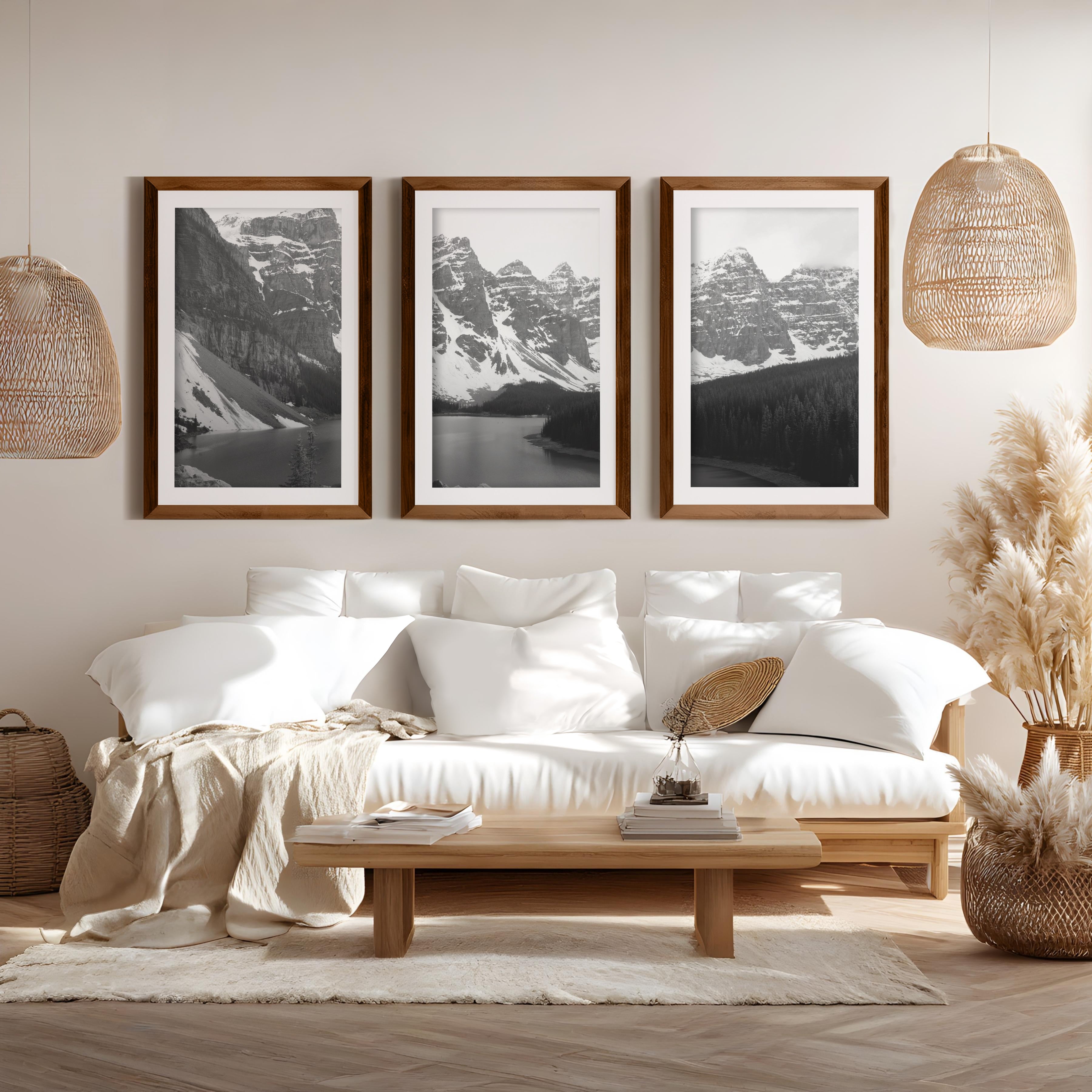 Glacier National Park – US Black White Mountain Lake Prints - Dark Brown Framed Poster with White Border - Artworksets