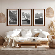 Glacier National Park – US Black White Mountain Lake Prints - Dark Brown Framed Poster with White Border - Artworksets