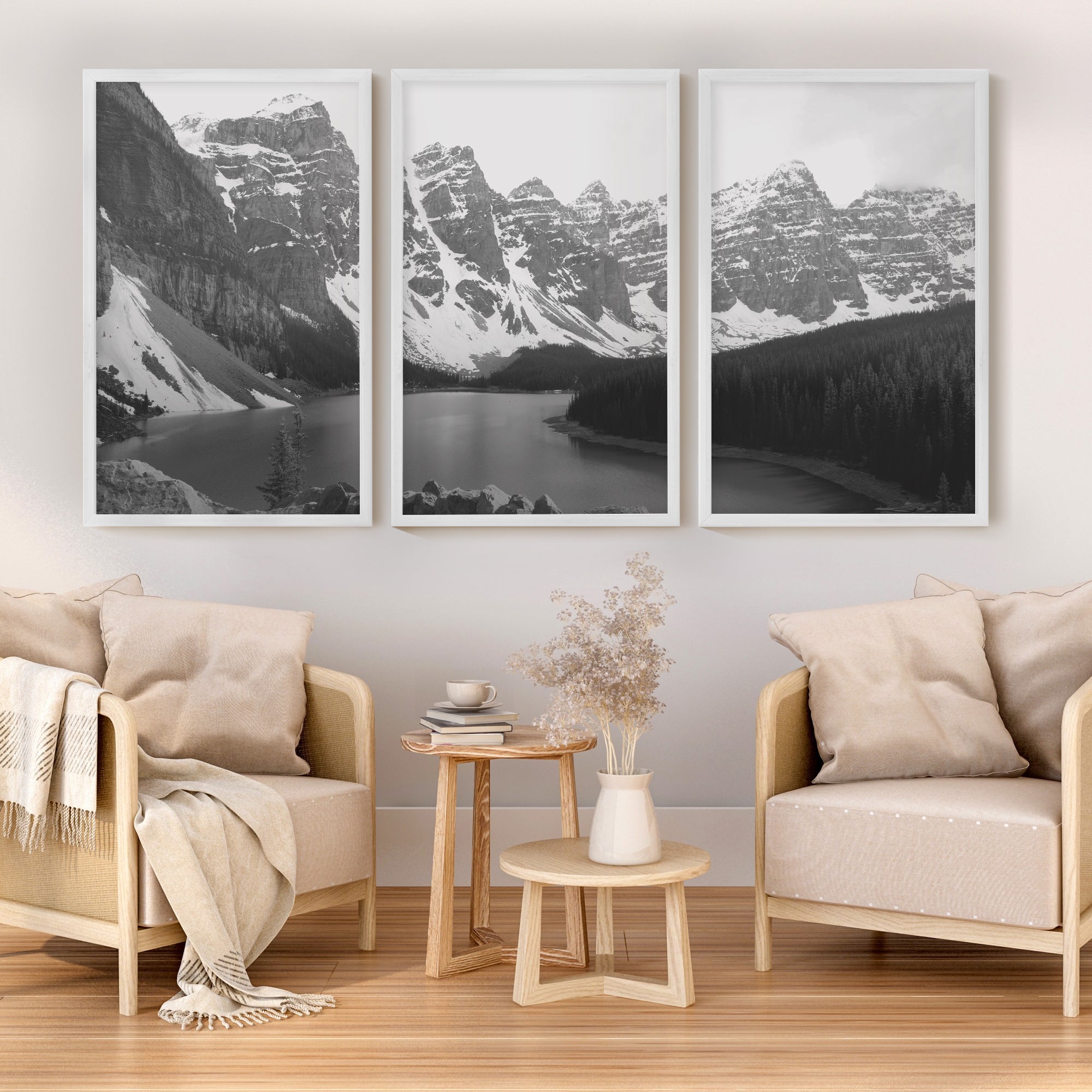 Glacier National Park – US Black White Mountain Lake Prints - White Framed Poster No Border - Artworksets