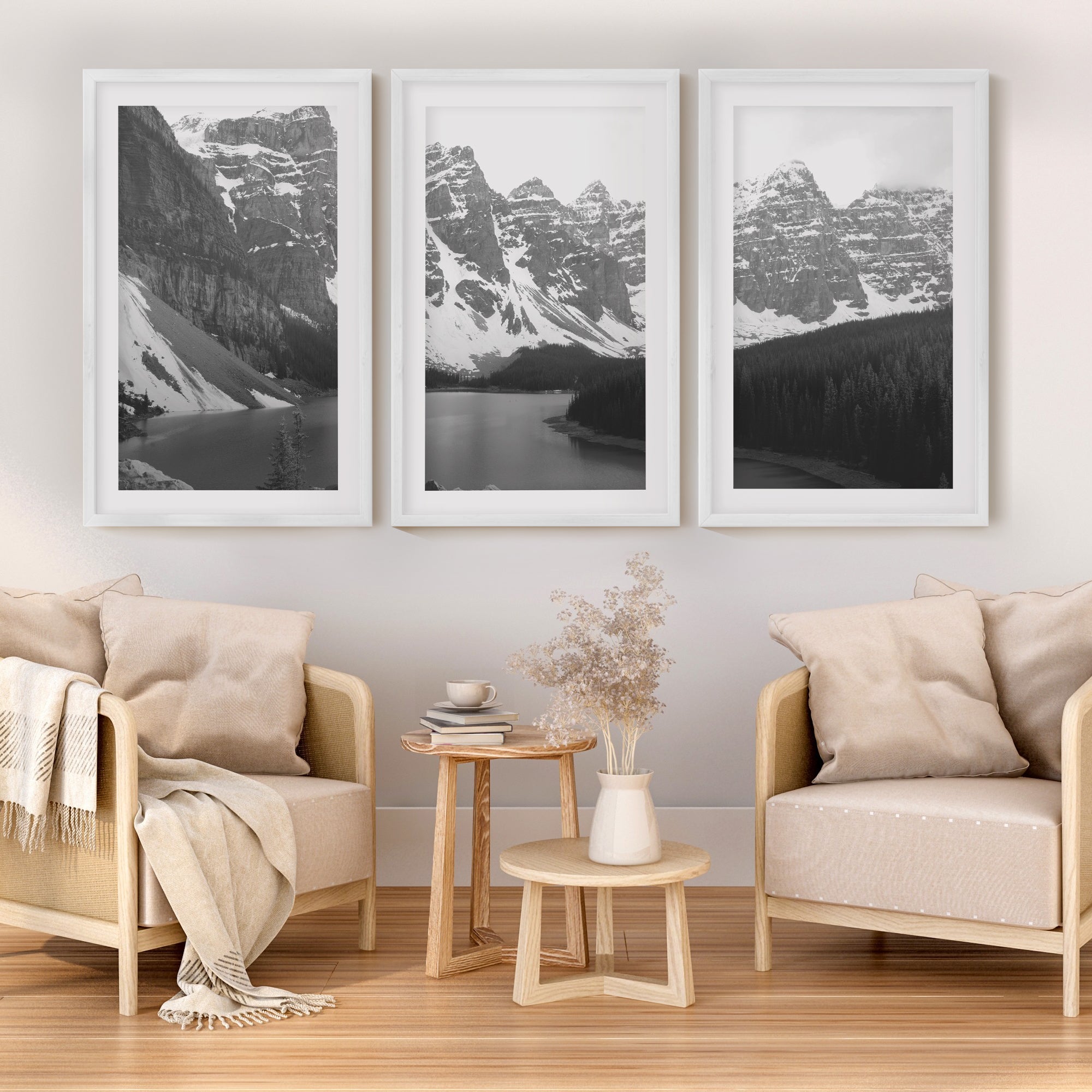 Glacier National Park – US Black White Mountain Lake Prints - White Framed Poster with White Border - Artworksets