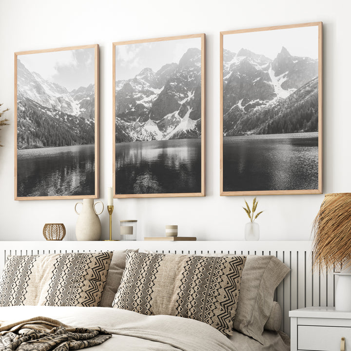 Glacier National Park – Black White Mountain Posters Wall Art - Natural Wood Framed Poster No Border - Artworksets