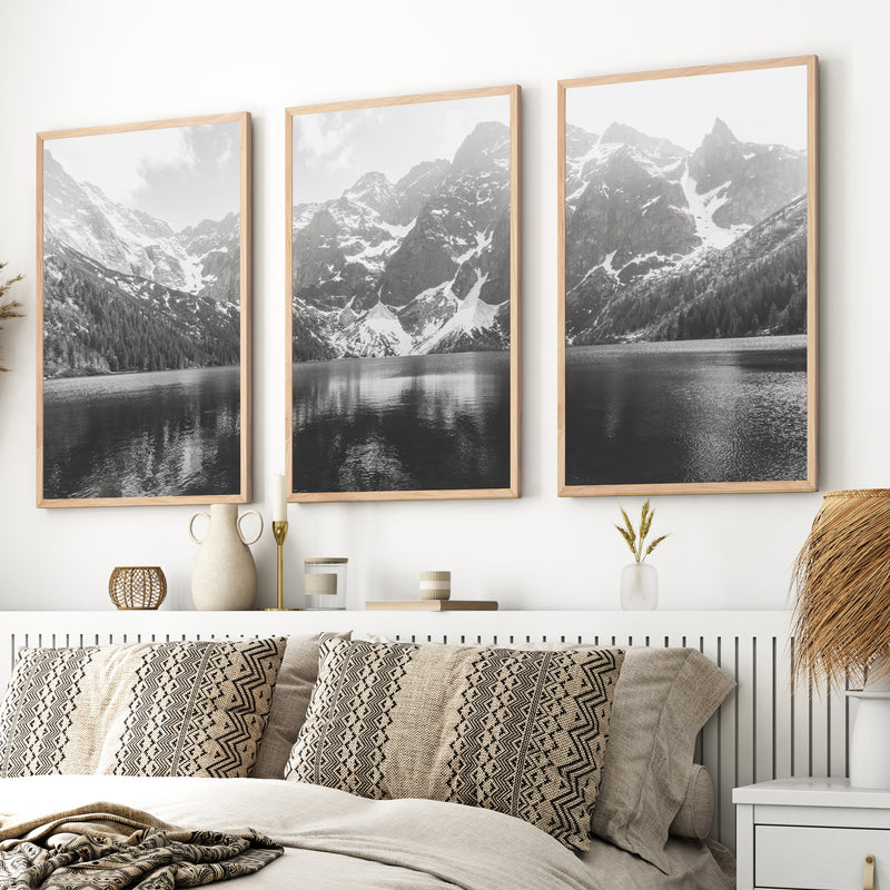 Glacier National Park – Black White Mountain Posters Wall Art - Natural Wood Framed Poster No Border - Artworksets