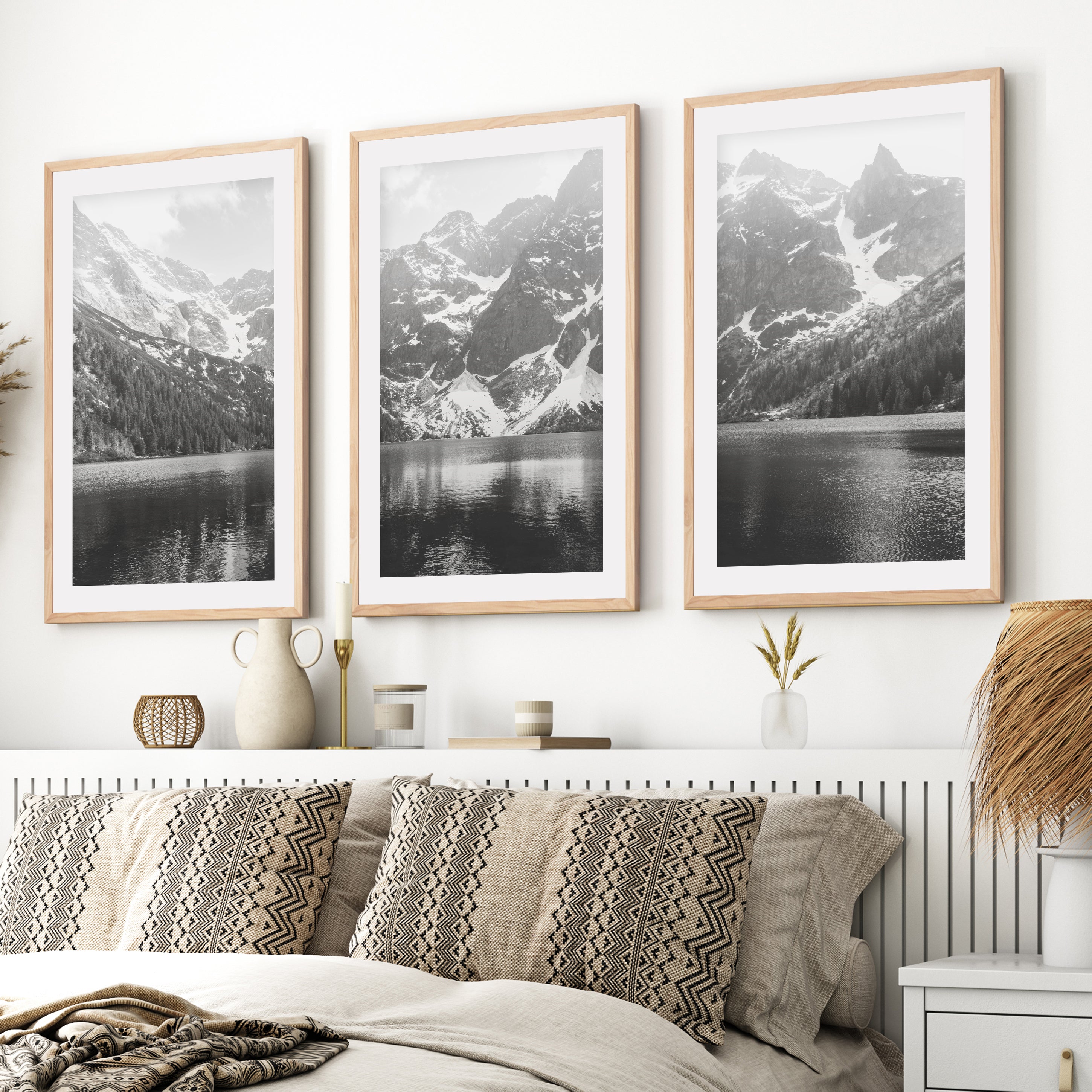 Glacier National Park – Black White Mountain Posters Wall Art- Natural Wood Framed Poster with White Border - Artworksets